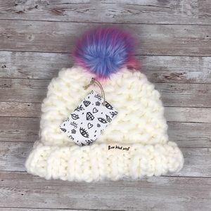 Three Bird Nest Accessories - Rainbow Ivory Pom Knitted Beanie Three Bird Nest Accessories - Rainbow Ivory Pom Knitted Beanie